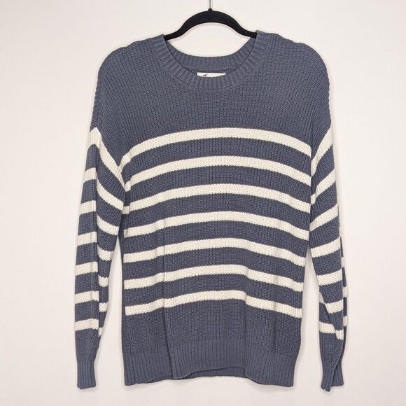 Hollister Striped Knit Pullover Gray White Cotton Crewneck - Picture 1 of 7